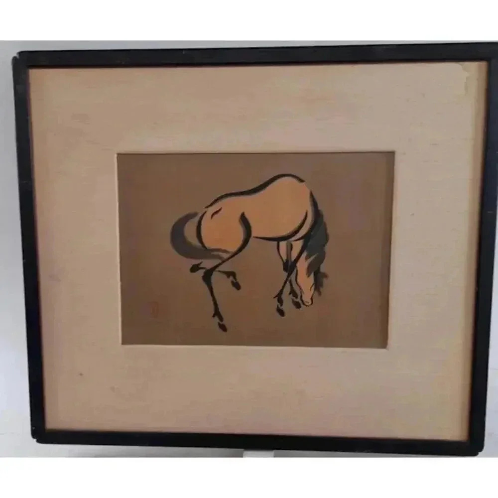 Signed Vintage Urushibara, Mokuchu Print of Grazing Horse